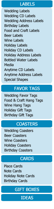 Custom Design Labels online store. Custom labels for weddings, CDs, beer, wine, bottled water. Personalized favor tags, bookplates, coasters, note cards