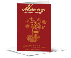 Gold Goodie Filled Stocking Holiday Card w-Envelope 5.50