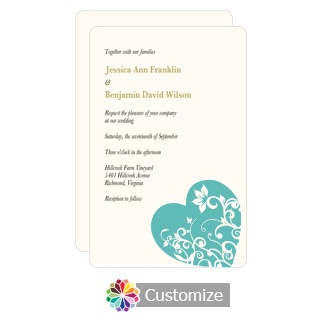 Rounded Hearts 5 x 7.875 Turquoise Flat Wedding Invitation Card