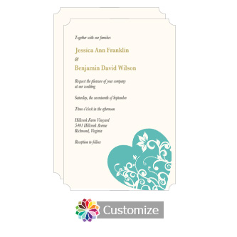 Elegant Hearts 5 x 7.875 Turquoise Flat Wedding Invitation Card