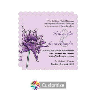 Scalloped Floral Lovely Lavender Square Wedding Invitation 5.875 x 5.875