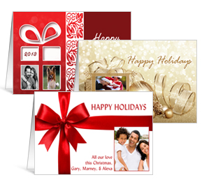 7.875" x 5.50" Folded Presents, Ribbons and Bows Christmas Cards with Photo - family style