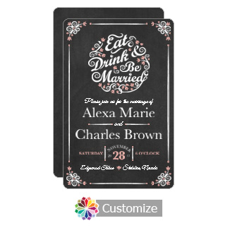 Rounded Eat-Drink-Be-Married Chalkboard Flat Wedding Invitation Card 5 x 7.875