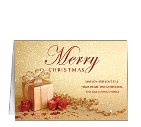 Christmas Card w-Envelope 7.875" x 5.50" Deck the Halls Christmas Confetti and Presents Ribbon Bows Business Style