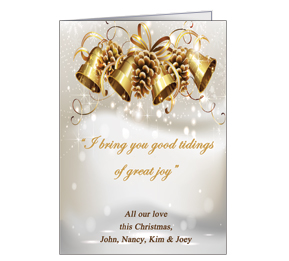 Christmas Card w-Envelope 5.50" x 7.875" Good Tidings Gold Bells Ornaments Business Style