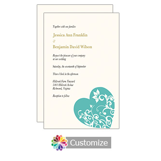 Hearts 5 x 7.875 Turquoise Flat Wedding Invitation Card